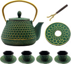 YJX Cast Iron Teapot and Tea Cups Set, 33.8oz Hexagon Pattern Tea Set with Cups and Cup Mats, Enameled Tea Kettle for Stovetop, Durable Tea Pot Set with Stainless Steel Infuser for Loose Leaf