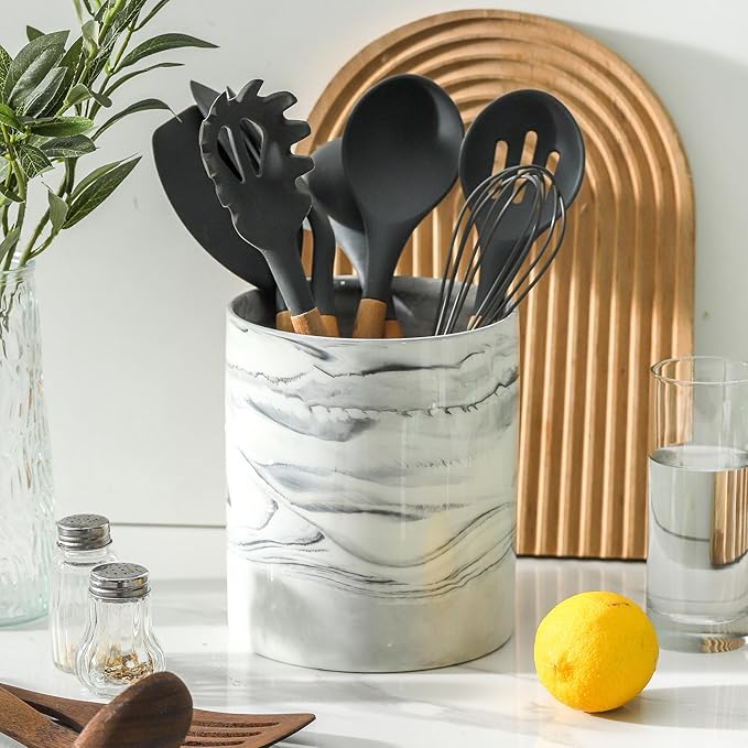 7.2 inch Large Utensil Holder for Kitchen Counter, Golden Marble Utensil Crock Spatula Holder for Countertop Cooking Tools Storage Caddy Farmhouse Kitchen Decor (Marble-Grey)