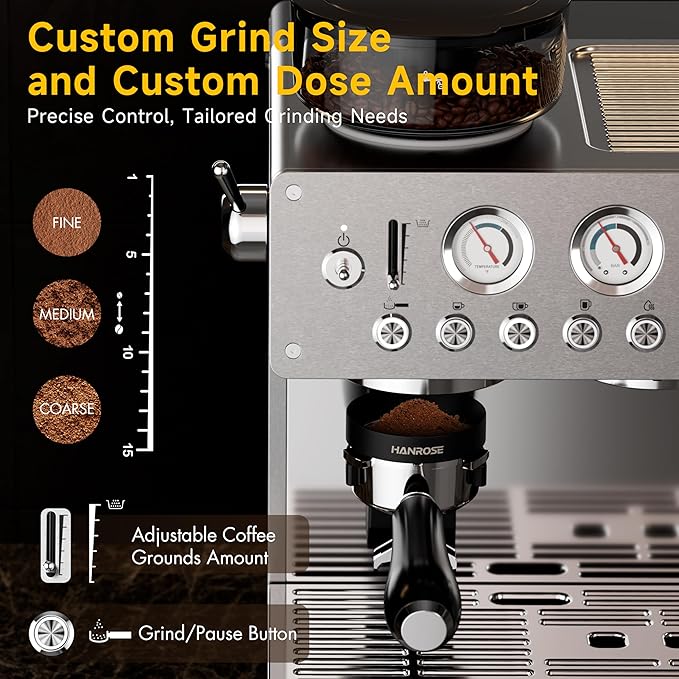 Espresso Machine with Grinder, 20Bar Espresso Machine Stainless Steel, Coffee Machine with Milk Frother for Latte/Cappuccino, Adjustable Temperature, Independent Hot Water & Americano Function