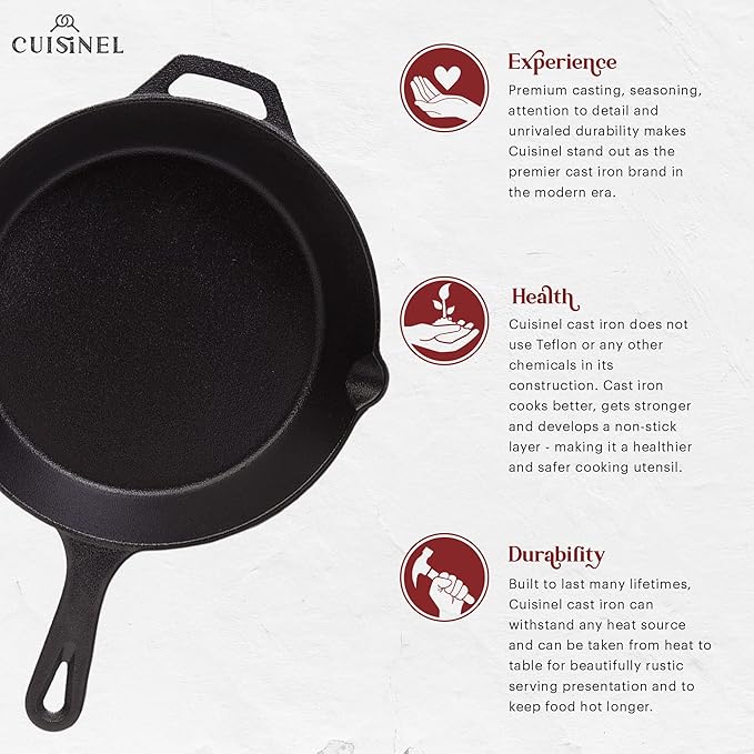 Cuisinel Cast Iron Skillets Set - 4-Piece Chef Pans - 6" + 8" + 10" + 12"-Inch + 4 Heat-Resistant Handle Holders - Pre-Seasoned Oven Safe Cookware - Indoor/Outdoor Use - Grill, Stovetop, BBQ Safe