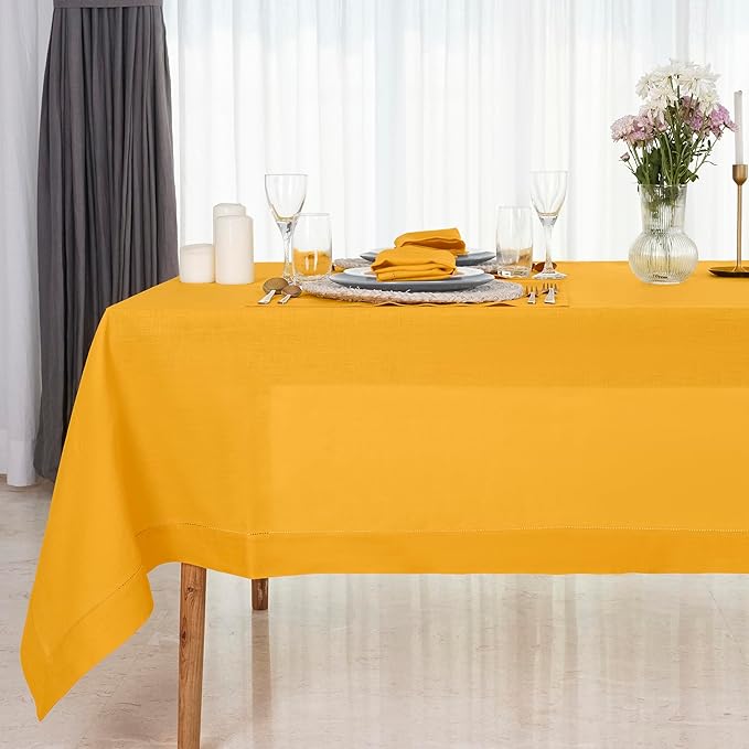D'Moksha Homes Sunflower Yellow Linen Tablecloth 60 x 120 Inch - 100% Pure Linen Hemstitch Tablecloth for Rectangle Tables - Classic Hemstitch, Machine Washable Table Cloth for Fall, Halloween
