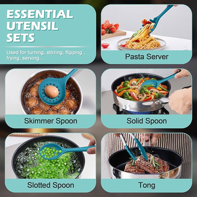 Homikit Silicone Cooking Utensils Set, 15-Piece Nonstick and Heat Resistant Kitchen Utensil Spatula Set with Holder, Kitchen Gadgets Home Essentials & Pots and Pans Accessories, Blue