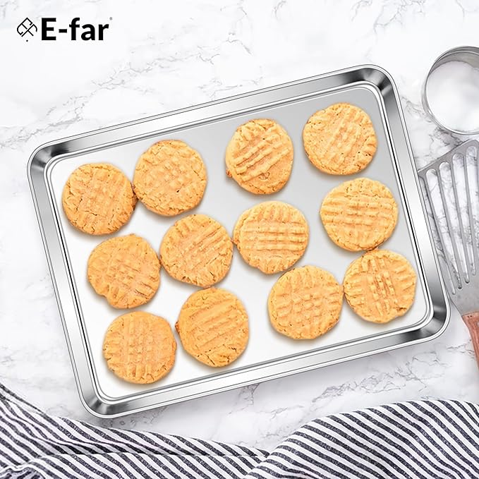 E-far Stainless Steel Baking Sheets Set of 3, 12.4” x9.7” Baking Cookie Sheets Pans for Oven, Non-toxic Metal Trays for Cake Cookies, Healthy & Rust Free, Mirror Finish & Dishwasher Safe