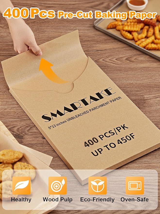 SMARTAKE 400 Pcs Parchment Paper Baking Sheets, 9x13 Inches Non-Stick Precut Baking Parchment, for Baking Grilling Air Fryer Steaming Bread Cup Cake Cookie and More (Unbleached)