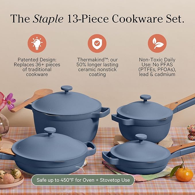 Our Place Cookware Set - 13-Piece Kit Including the Always Pan, Perfect Pot and Spatulas | Multifunctional, Toxin-Free Nonstick | Heat Safe up to 450°F | Oven, Stove, Induction Compatible | Blue Salt