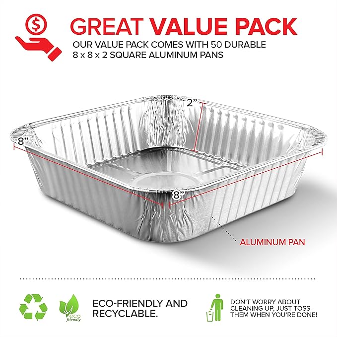 Stock Your Home 8x8 Foil Pans (50 Pack) 8 Inch Square Aluminum Pans - Foil Pans - Disposable Food Containers Great for Baking Cake, Cooking, Heating, Storing, Prepping Food