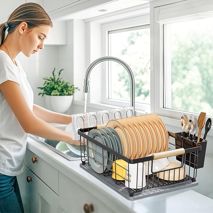 Dish Drying Rack Black with Diatomaceous Earth 1 Tier,Multifunctional Dish Racks for Kitchen Counter Quick-Drying,Large Capacity Space Saving with Cutlery Cups Holder