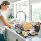 Dish Drying Rack Black with Diatomaceous Earth 1 Tier,Multifunctional Dish Racks for Kitchen Counter Quick-Drying,Large Capacity Space Saving with Cutlery Cups Holder