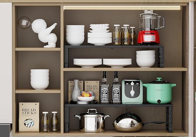 Expandable Adjustable Stackable Kitchen Organizer, Spice Rack,Metal Pantry Storage Shelves Racks,Counter Shelf for Cabinets, Countertop, Cupboard(2 Packs/Large/Black)