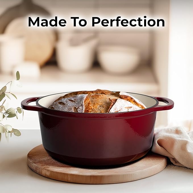 Zulay Kitchen 6 Quart Enameled Cast Iron Dutch Oven with Lid, Silicone Trivet & Heat Pad – Premium Durability & Oven Safe up to 500°F – Heavy Duty Cookware Perfect for Bread Baking, Stews, Braising & Roasting – Garnet