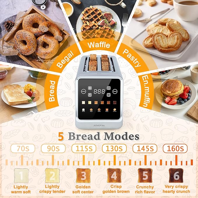 Long Slot Toaster 4 Slice, Touch Screen LED Display, 1.5” Extra Wide Slots for Thick Bread & Bagels, Countdown Timer, Memory Function, Dual Independent Control, 6 Shade Settings, Stainless Steel