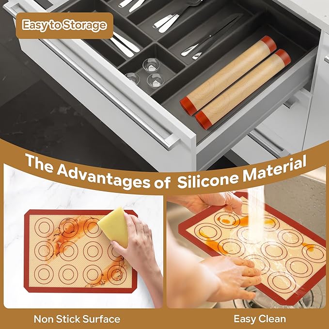 P&P CHEF 9.7 Inch Silicone Baking Mats, 2 Pcs Reusable Silicone Oven Mat, Non Stick Baking Supplies for Macaroon Pastry Bread Dough Cookie, Fits Well with Sheet Pan, Healthy & Easy Clean