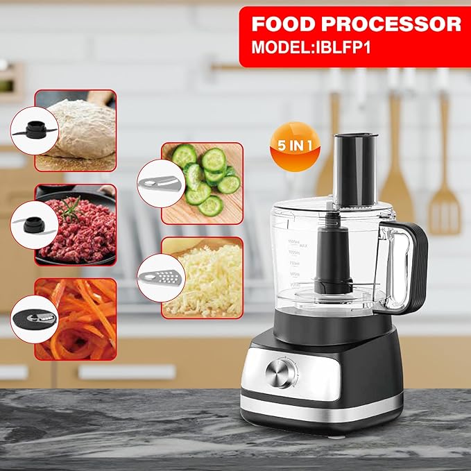 EMB IronBlade series 5-in-1 Food Processor, 1.5L Bowl, 4-Speed Control, Multi-Functional for Slicing, Shredding, Chopping, Kneading