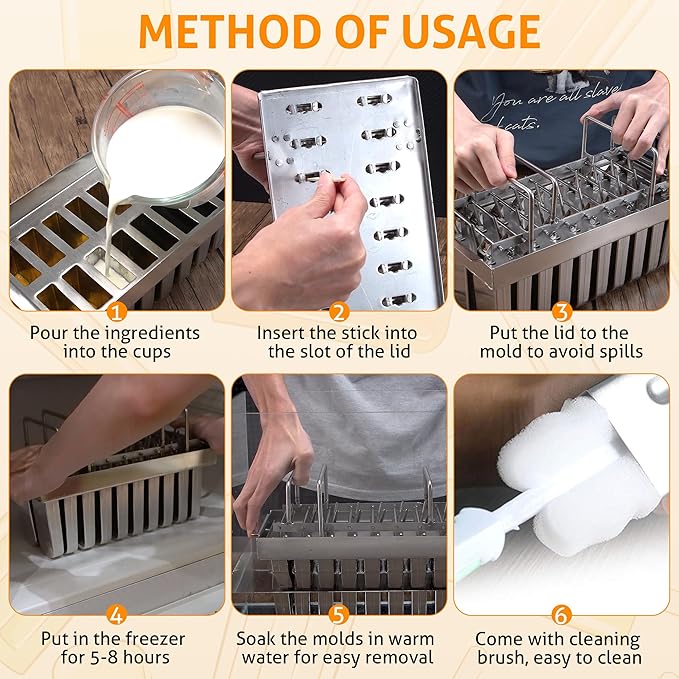 WICHEMI Commercial Popsicle Molds Stainless Steel Ice Pop Molds 20PCS Metal Ice Lolly Popsicle Mold Ice Cream Maker Mold Stick Holder with Lid Single Cup Capacity 85g