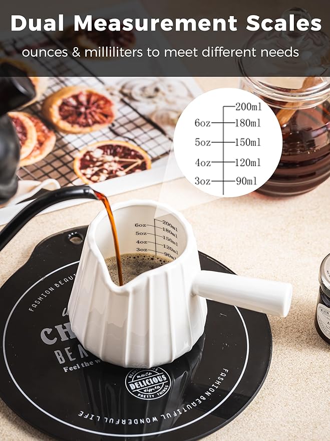 Espresso Cups Ceramic, 200ML Espresso Measuring Cup with Handle, Expresso Shots Cups with Scale, Espresso Accessories, White