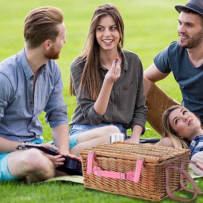 Picnic Basket Set for 4 with Waterproof Blanket Mat Insulation Bag Wicker Pink Floral Classic Fresh Gift for Wedding Birthday Summer Camp Outdoor Camping Beach Travel Christmas Thanksgiving