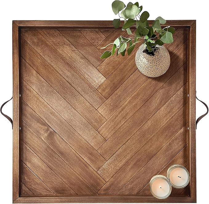 Tray for Ottoman 24 x 24 Inches, Square Ottoman Trays, Large Wooden Tray with Leather Handles, Food Serving Trays for Dinner, Breakfast, Snacks