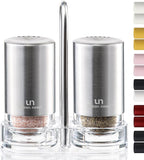 Salt and Pepper Shakers with Holder - Elegant Stainless Steel Salt Shaker and Pepper Shaker Set with Acrylic Holder for Kitchen Counter or Restaurant Table