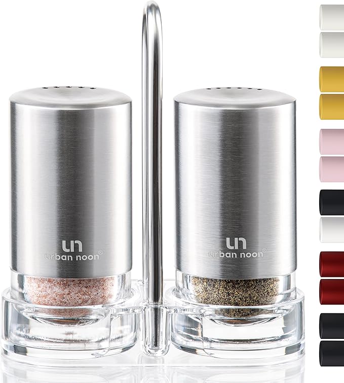 Salt and Pepper Shakers with Holder - Elegant Stainless Steel Salt Shaker and Pepper Shaker Set with Acrylic Holder for Kitchen Counter or Restaurant Table