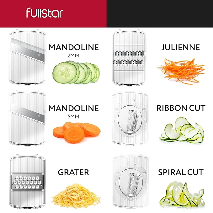 Fullstar Mandoline Slicer for Kitchen, Fruit Cutter, Cheese Grater, Cucumber Slicer, Veggie Spiralizer, Food Cutter & Kitchen Gadgets with Safety Glove (6 in 1, Clear)