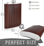 Leather American Flag Hip Flask - Leak Proof Food Grade Stainless Steel for Whiskey or Bourbon Liquor | Bonus Funnel (USA 8 Ounce Flask, Brown Leather Wrap)