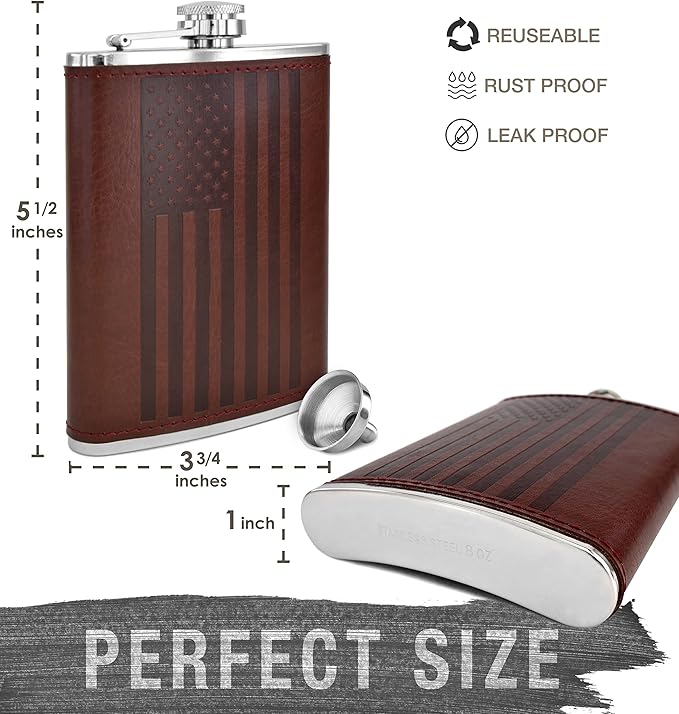Leather American Flag Hip Flask - Leak Proof Food Grade Stainless Steel for Whiskey or Bourbon Liquor | Bonus Funnel (USA 8 Ounce Flask, Brown Leather Wrap)