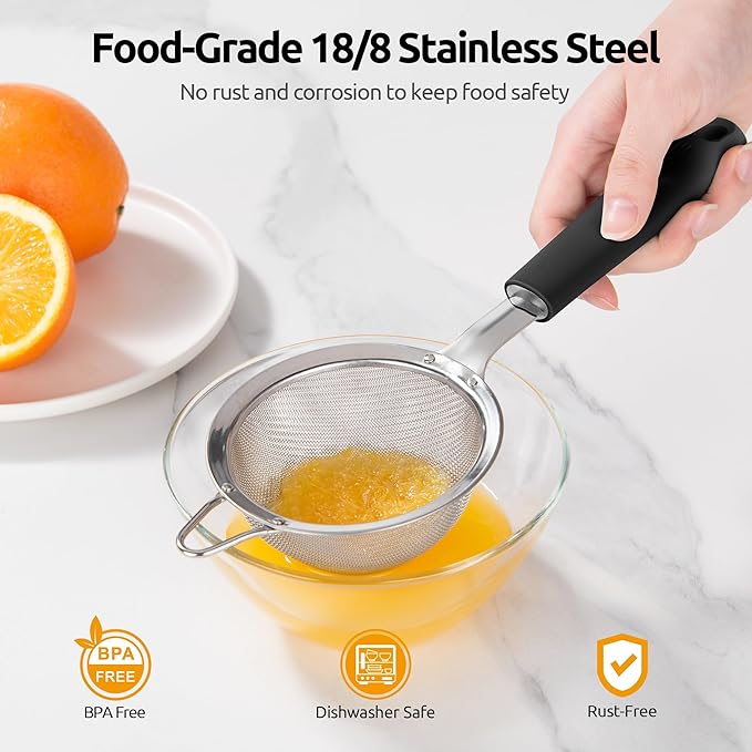U-Taste Small Fine Mesh Strainer: 18/8 Stainless Steel 3.35in 30 Mesh Kitchen Food Sieve with Sturdy Riveted Silicone Handle, Heavy Duty Deep Handheld Metal Colander for Tea, Juice (Black)