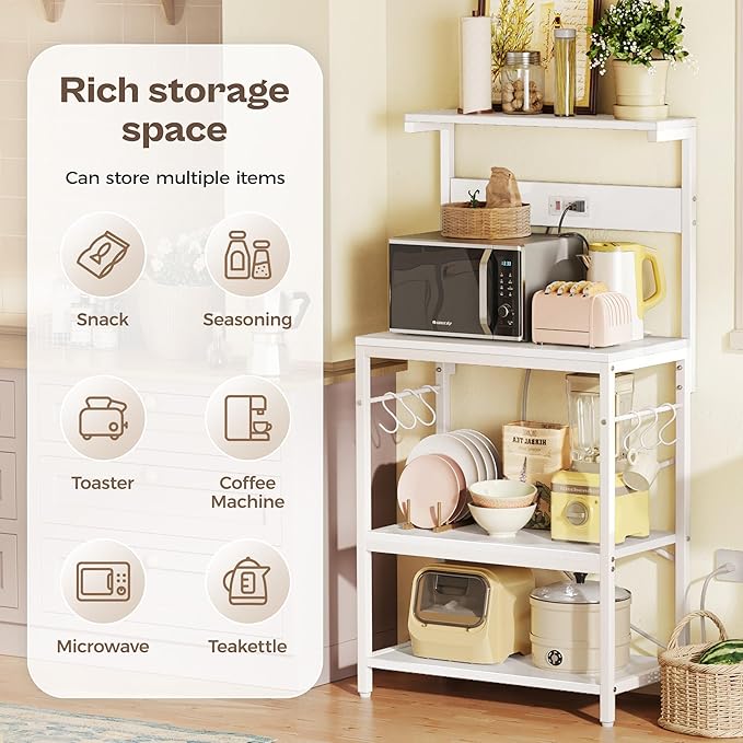 SUPERJARE Kitchen Bakers Rack with Power Outlet, Coffee Bar Table 4 Tiers, Kitchen Microwave Stand with 6 S-Shaped Hooks, Storage Shelf Rack for Spices, Pots and Pans - White