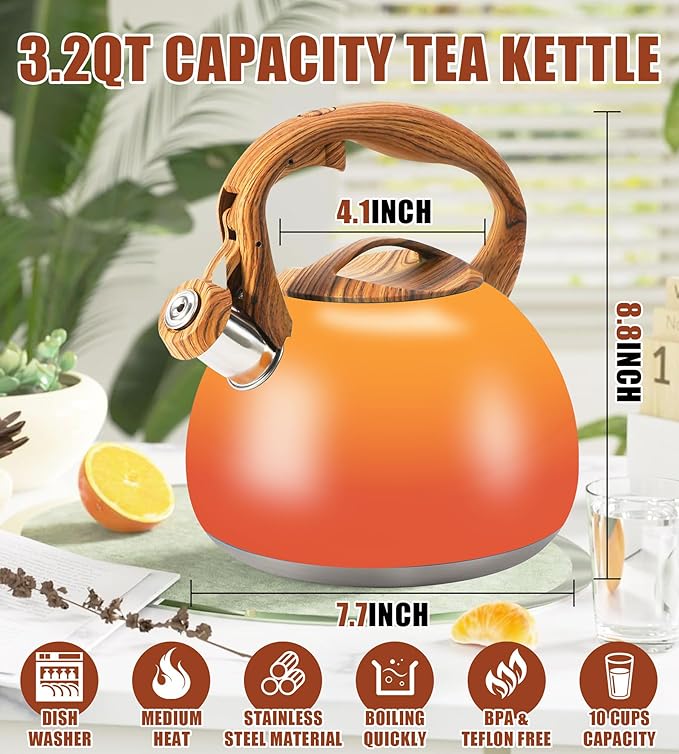Tea Kettle Stovetop, 3.2Qt Stainless Steel Tea pots with Wood Grain Handle Food Grade Whistling Tea kettle,Induction/Gas Stoves (Orange-Red Gradient)