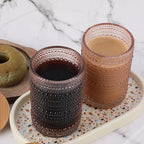 Vintage Drinking Glasses Set of 4 with Bamboo Lids, Textured Clear Striped Ribbed Glassware Set Cocktail Set Beaded Glass Cups Old Fashion Embossed Iced Coffee Cup for Beer, Beverage(16 oz), Rose Gold