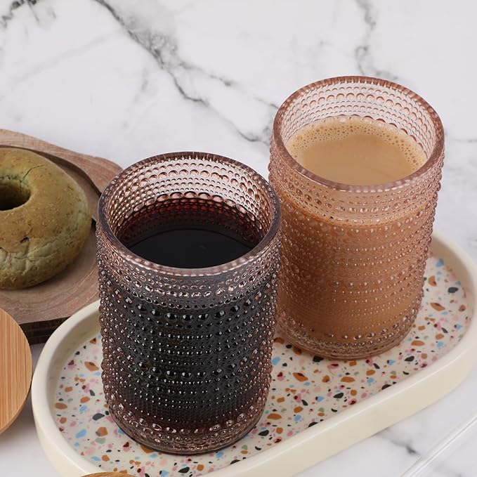 Vintage Drinking Glasses Set of 4 with Bamboo Lids, Textured Clear Striped Ribbed Glassware Set Cocktail Set Beaded Glass Cups Old Fashion Embossed Iced Coffee Cup for Beer, Beverage(16 oz), Rose Gold
