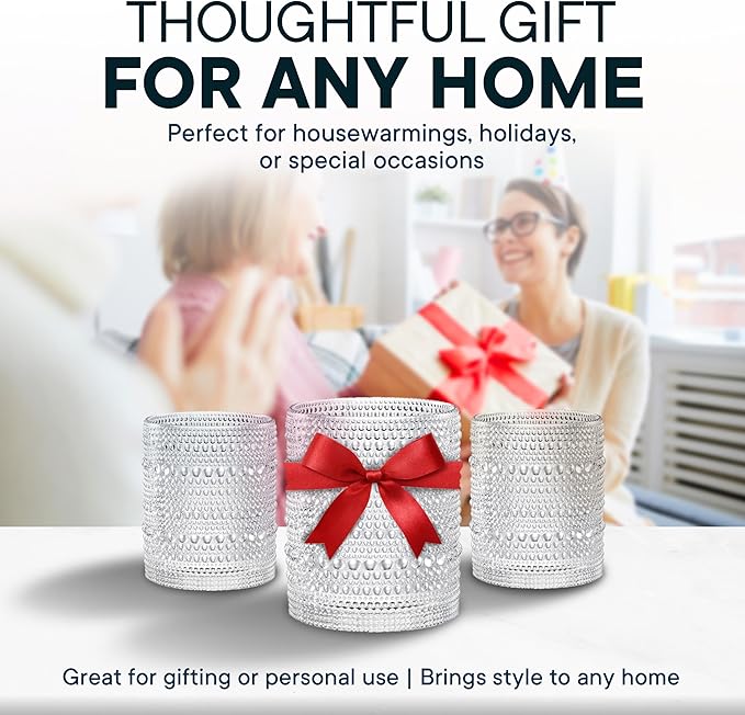 12 OZ Hobnail Drinking Set of 12 – Vintage Embossed Glassware, Textured Tumblers for Water, Beer, Cocktails, Mocktails, Whiskey & More – Includes Straws and Coasters – Clear