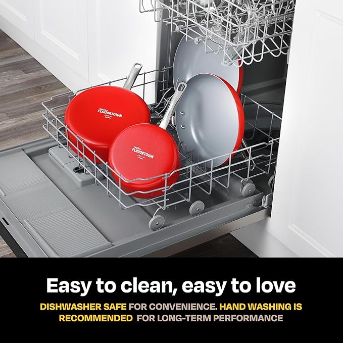 Guy Fieri's Flavortown 6-Piece Ceramic Cookware Set, 8" & 10.2" Frypans, 2QT Saucepan, 3.2QT Sautépan Nonstick, Made without PFAS PTFE PFOA, Oven & Dishwasher Safe, Easy to Clean, Red