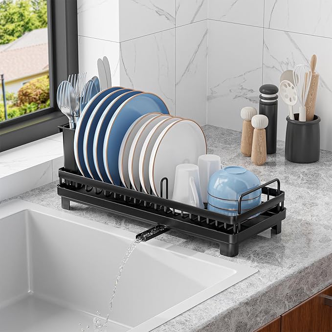 Small Dish Drying Rack, Compact Sink Dish Drainer Plate Rack Organizer with Utensil Holder and Drainbaord for Kitchen Counter, RVs, Apartments