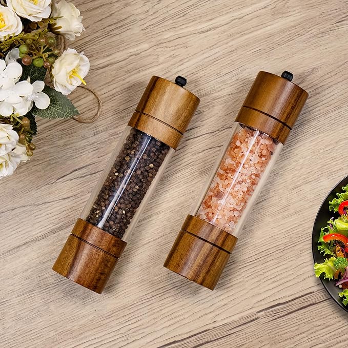 Acacia Wood Salt Grinder and Pepper Grinder Set Premium Acrylic Salt and Pepper Mill Set, Manual Salt and Pepper Mills- Wooden Shakers with Adjustable Ceramic Core 8 Inches 2 Pack