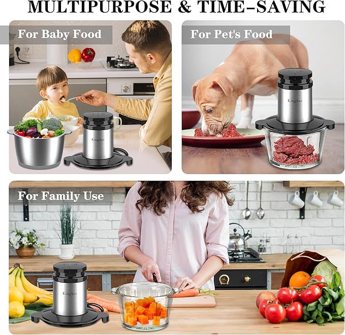 KingAcc Food Processor, 8-Cup 500W Meat Grinder & Mini Electric Vegetable Chopper with Copper Motor, 2 Blades & Dual Bowls (Glass+Stainless Steel), Overheat Protection for Baby Food/Meat/Home Kitchen