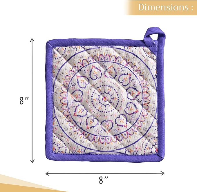 Maison d' Hermine Pot Holders 100% Cotton Heat Resistant Potholders 8" x 8" Hot Pads with Loop BBQ, Cooking, Baking, Grilling, Kitchen, Handling Hot Pans Spring/Summer (Pack of 1, Mandala)