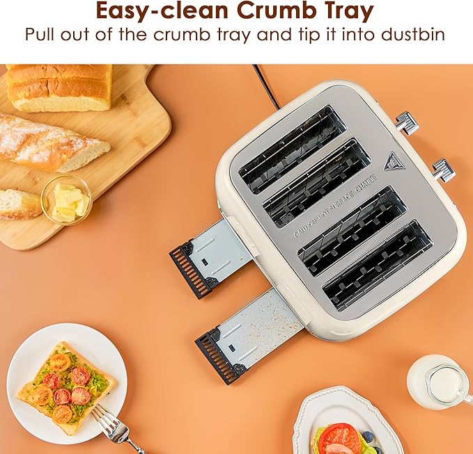 Roter Mond Toaster 4 Slice Retro Stainless Steel with Extra Wide Slots Bagel, Defrost, Reheat Function, Dual Independent Control Panel, Removable Crumb Tray, 6 Browning Levels, Cream White