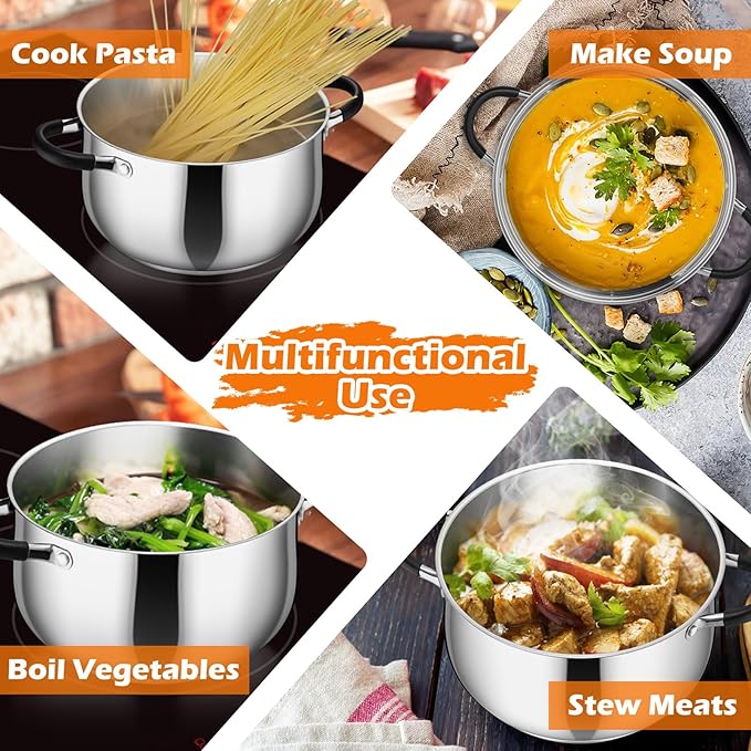 P&P CHEF Stainless Steel Stock Pot, 5 Qt Cooking Soup Pot with Visible Lid for Pasta, Tri-Ply Bottom & Dual Heatproof Handles, For Induction Gas All Stoves, Non-Toxic & Dishwasher Safe