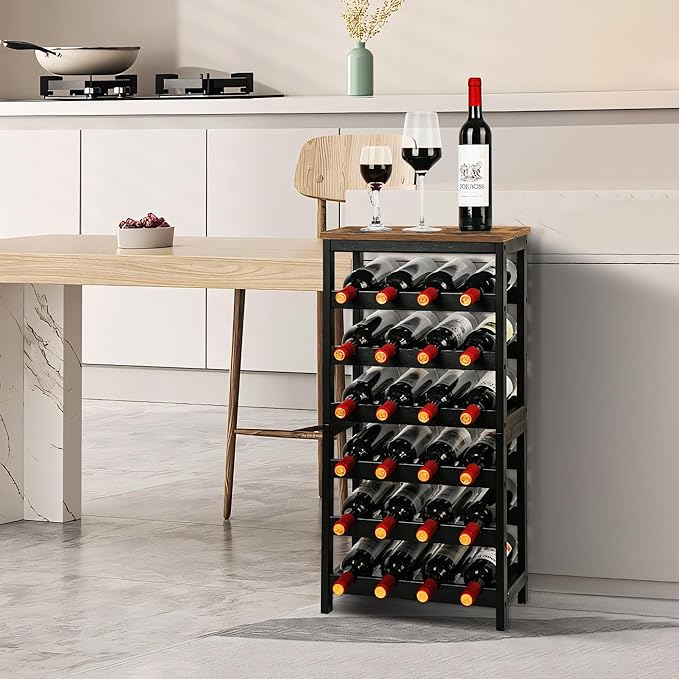 VASMIA Wine Rack Freestanding Floor, 6 Tier Bamboo Wine Storage Shelves with Table Top, 24-Botttle Wine Rack Shelf for Kitchen Bar Dining Room Living Room, Rustic Brown and Black