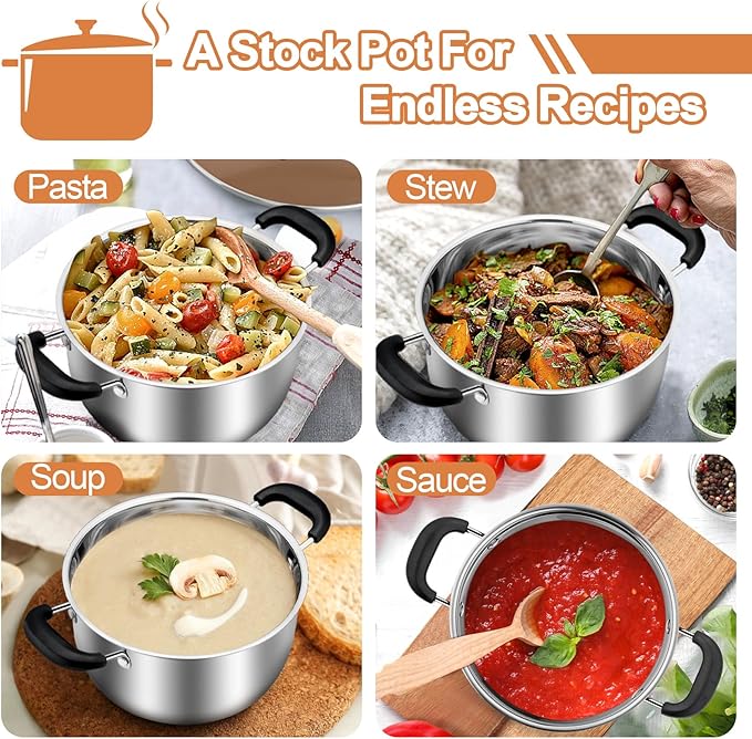TeamFar Stock Pot 4qt, Stainless Steel Stock Soup Pasta Pot with Lid, Double Heatproof Handles, Non Toxic & Healthy, Easy Clean & Dishwasher Safe