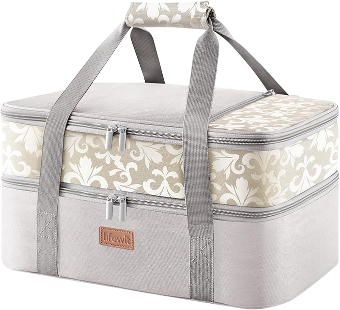 Lifewit Double Decker Casserole Carrier for Hot or Cold Food, Insulated Casserole Baking Dish Bag Food Carrier, Lasagna Holder for Potluck/Parties/Picnic/Cookouts, Fits 9"x13" Baking Dish, Grey
