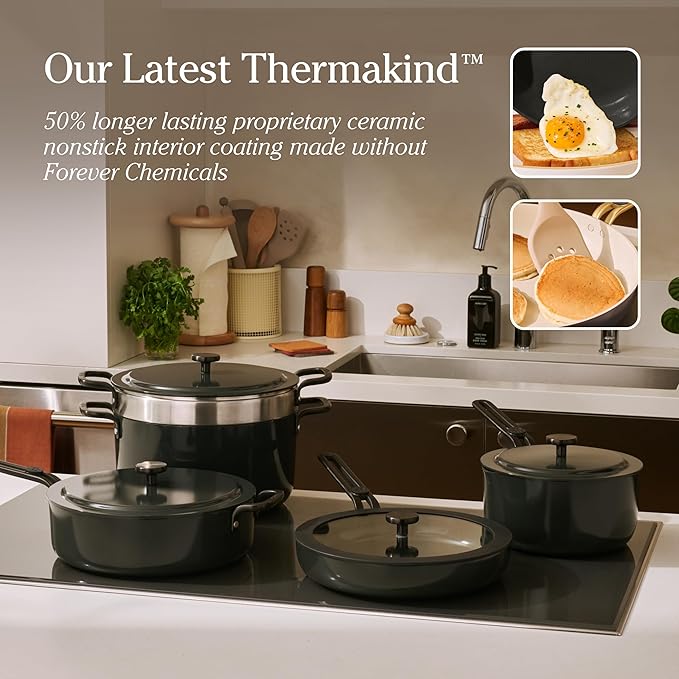 Our Place 11-Piece Essentials Complete Cookware Set - Ceramic Fry Pan, Saucepan, Sauté Pan, Stock Pot, Strainer Basket & Rack Storage | Thermakind™ Nonstick, Oven Safe up to 450°F | Char