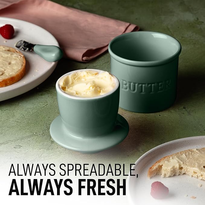 Zulay Kitchen Porcelain Butter Crock With Lid & Knife - Authentic French Butter Dish For Fresh & Spreadable Butter - Deep Sea