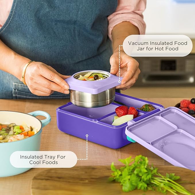 OmieBox Bento Box for Kids - Insulated Bento Lunch Box with Leak Proof Vacuum Insulated Food Jar - 3 Compartments, Two Temperature Zones (Purple Plum)