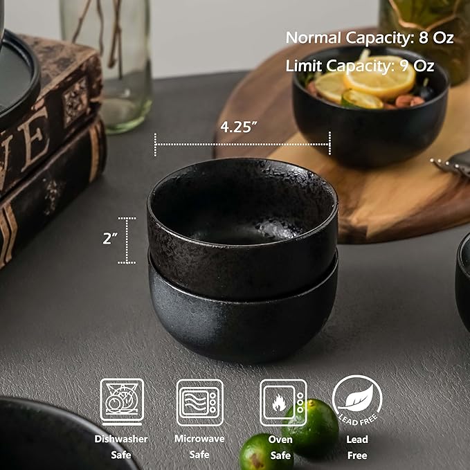 S&Q'S CERAMICS Ceramic Small Bowls for Kitchen, Set of 6, 9 ounces Ice Cream Bowls, Small Serving Bowls for Soup, Dipping, Condiments, Side Dishes, Snack, Prep (Black and Grey