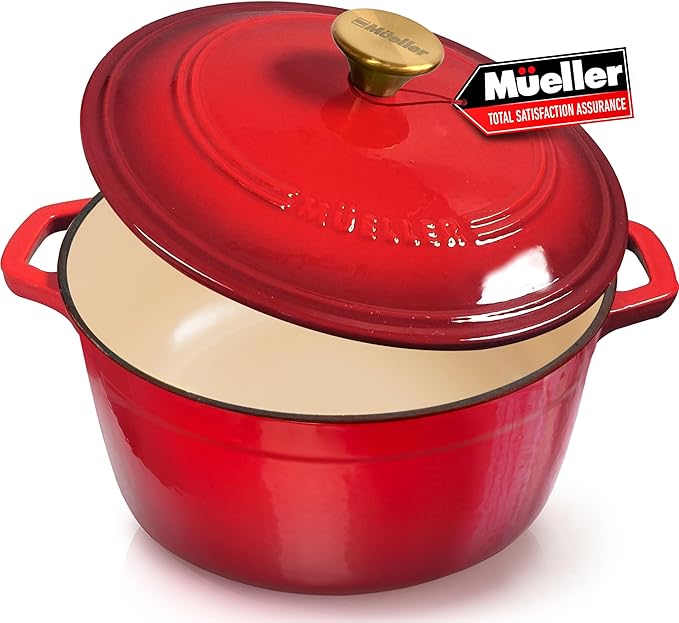 MÜELLERHOME 4.5 QT Enameled Cast Iron Dutch Oven, Heavy-Duty Casserole Dish and Braiser Pan with Lid and Stainless Knob, Oven-Safe up to 500° F & Across All Cooktops, Red