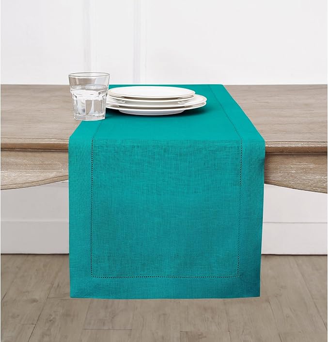 Solino Home Linen Table Runner 60 Inches - 100% Pure Linen Teal Hemstitch Table Runner 14 x 60 Inch Ideal for Dresser and Coffee Tables - Summer, Fall, Autumn - Classic Hemstitch