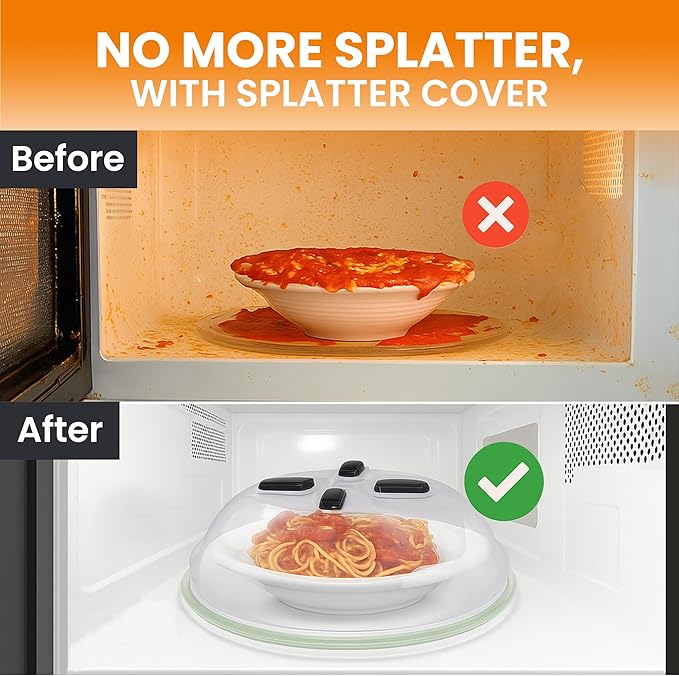 Magnetic Splatter Cover, 12-Inch Clear BPA-Free Food Lid, Vented Plate Guard with Steam Vents, Anti-Splash Microwave Lid, Dishwasher Safe, Space-Saving Magnetic Storage - Onyx Black
