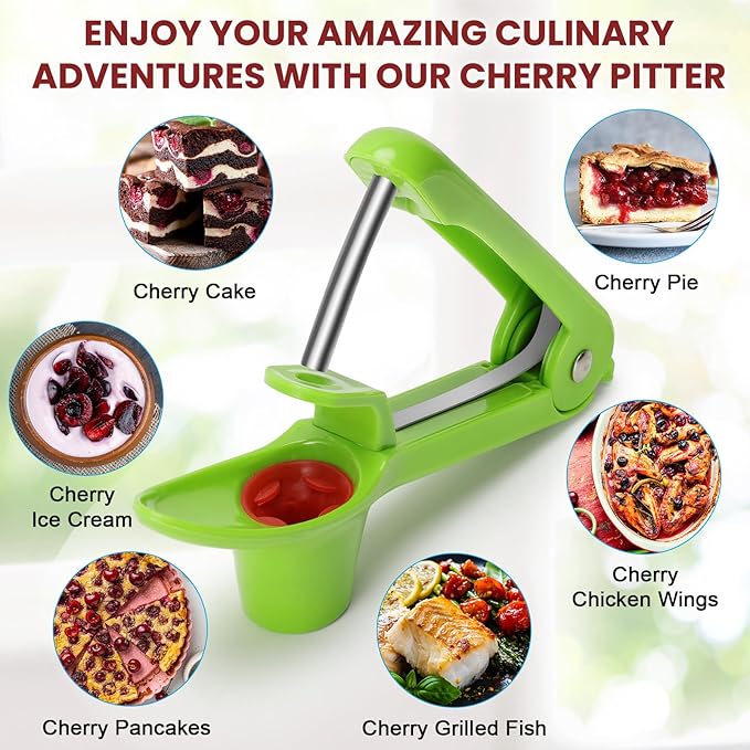 SCHVUBENR Cherry Pitter Tool - Stainless Steel Cherry Corer Pitter with Ergonomic Push Design - Easy to Use for Making Cherry Jam - Pit Cherry with Ease, Saving Time & Space with Lock Design(Green)
